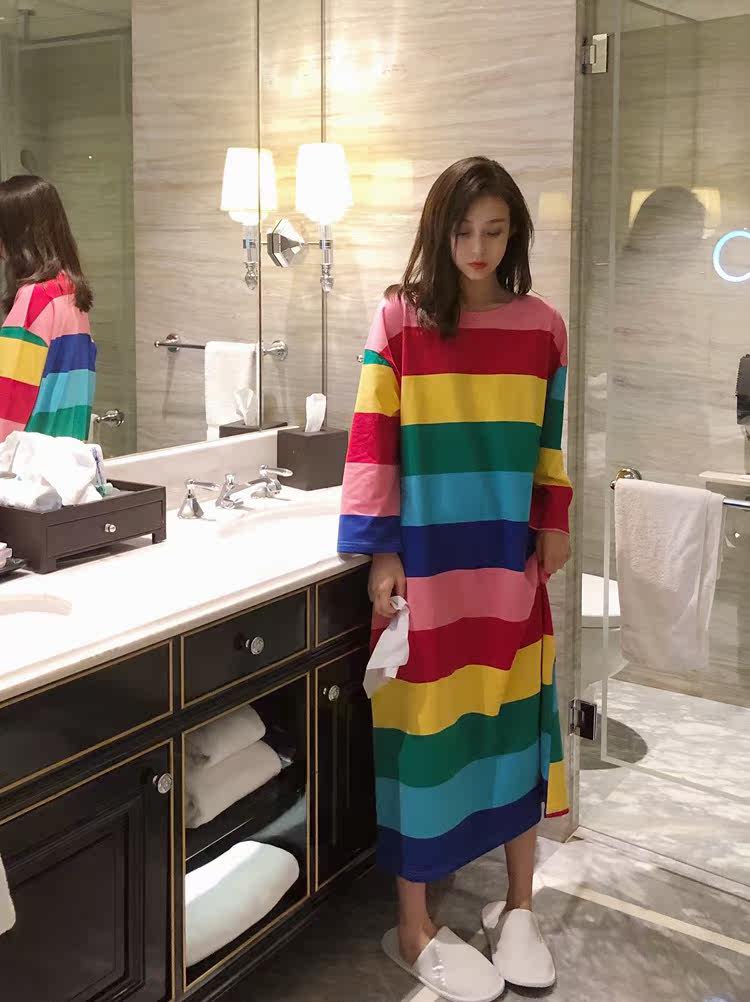 Rainy day ~ suitable for a rainbow skirt to bring a good mood S F Elizaba nightdress women's summer long-sleeved cotton J