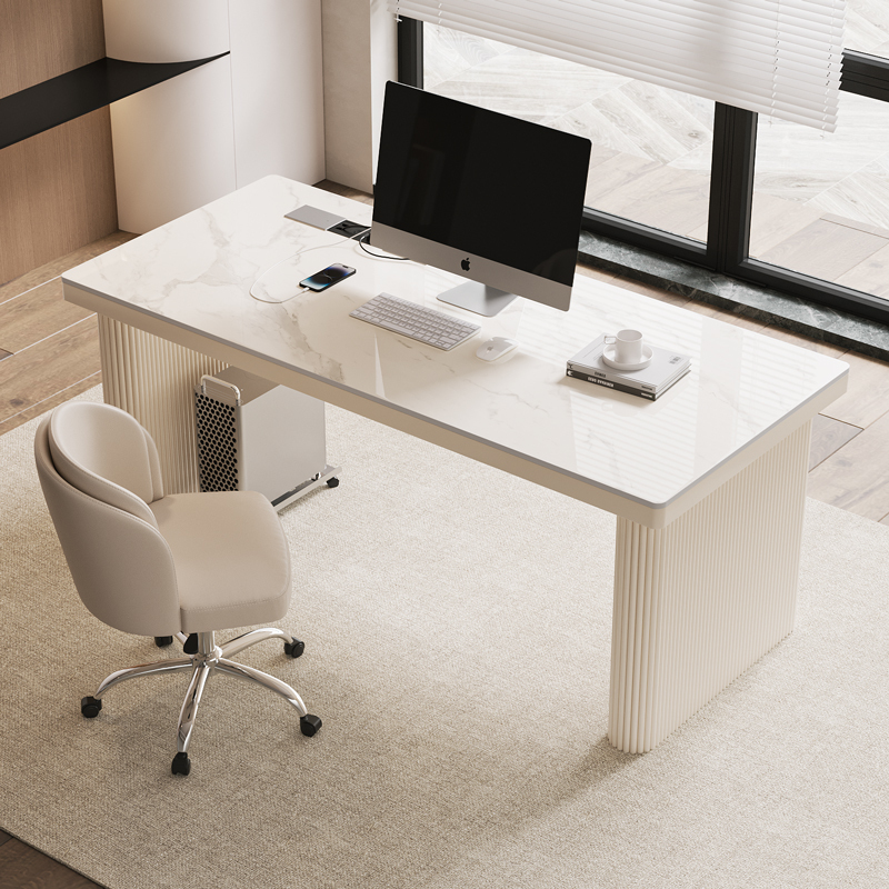 Desktop Computer Desk for Home Use, Bedroom Slate Table, Living Room Desk, Cream-Style Study Desk, Office Desk That Can Accommodate a Computer Unit with Power Outlets