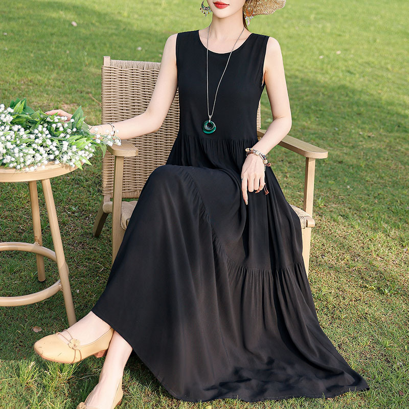 Summer Sleeveless Cotton Silk Dress for Women, Large Size, Loose, Long, Over-The-Knee, New Style, Stylish, Slimming, High-End Cake Dress Summer Sleeveless Cotton Silk Dress for Women, Large Size, Loose, Long, Over-The-Knee, New Style, Stylish, Slimming, High-End Cake Dress