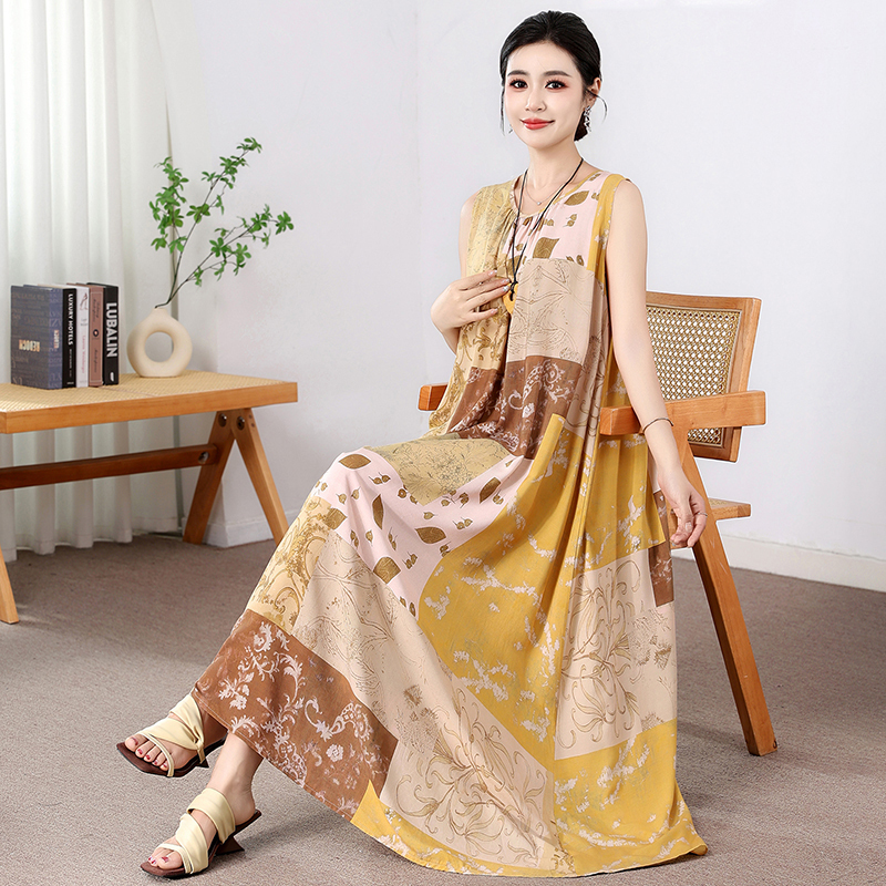Solid Color Beach French Cotton Silk Summer Vest Dress Sleeveless Yellow Rayon Long Dress Loose Vacation New Style Solid Color Beach French Cotton Silk Summer Vest Dress Sleeveless Yellow Rayon Long Dress Loose Vacation New Style
