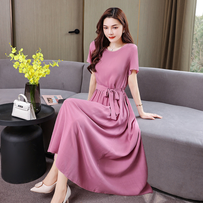 2025 New High-End Cotton and Linen Dress, Summer Thin Short-Sleeved Plus-Size Women's Clothing, Bamboo Cotton Dress for Plus-Size Moms