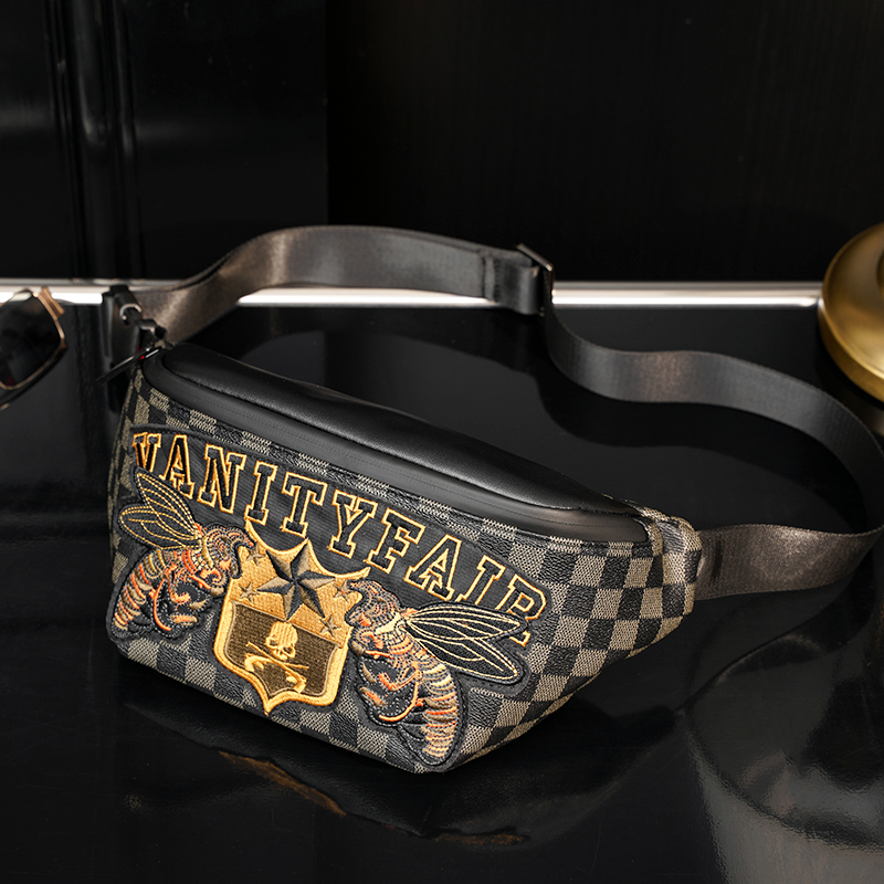 Hong Kong leather men's bag bee embroidery small chest bag new Korean style plaid casual shoulder bag street fashion backpack