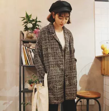 Mùa xuân 2020 phiên bản Hàn Quốc của áo khoác len houndstooth dành cho nữ dài vừa phải - Trung bình và dài Coat