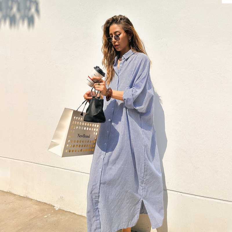 French Style Lazy Off-Shoulder Sleeve Blue and White Stripesd Shirt Dress Women's Spring & Fall Dress 100% Pure Cotton Light and Thin Long Skirt French Style Lazy Off-Shoulder Sleeve Blue and White Stripesd Shirt Dress Women's Spring & Fall Dress 100% Pure Cotton Light and Thin Long Skirt