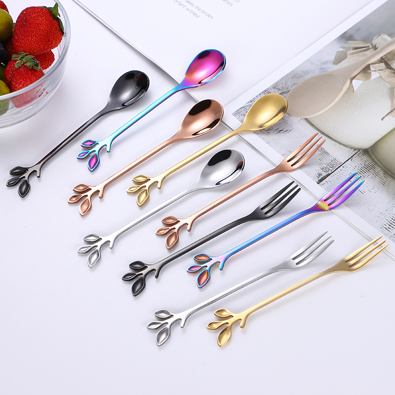 Light luxury coffee spoon net red leaf fork small spoon creative dessert spoon cute ice cream stirring long handle spoon ins