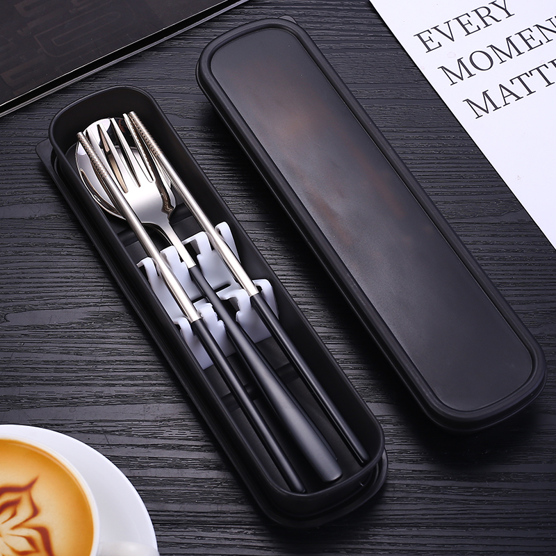 304 stainless steel portable tableware chopsticks spoon fork three-piece set student storage box gift LOGO customization