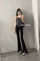 Летний сексуальный джинсовый топ с чашечками, штаны-клёш, штаны, в корейском стиле, высокая талия