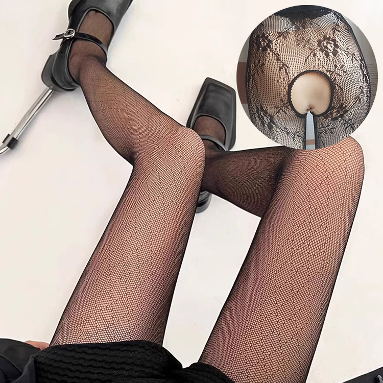Japanese-Style Gray Diamond-Patterned Open-Crotch Anti-Snag Sexy Fishnet Stockings High-Elasticity Summer Thin Pantyhose Black Stockings for Women