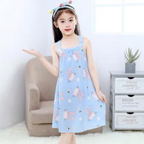 Xia new childrens cotton silk nightgown suspender sleeveless girl artificial cotton woven cotton cute cartoon pajamas home clothes