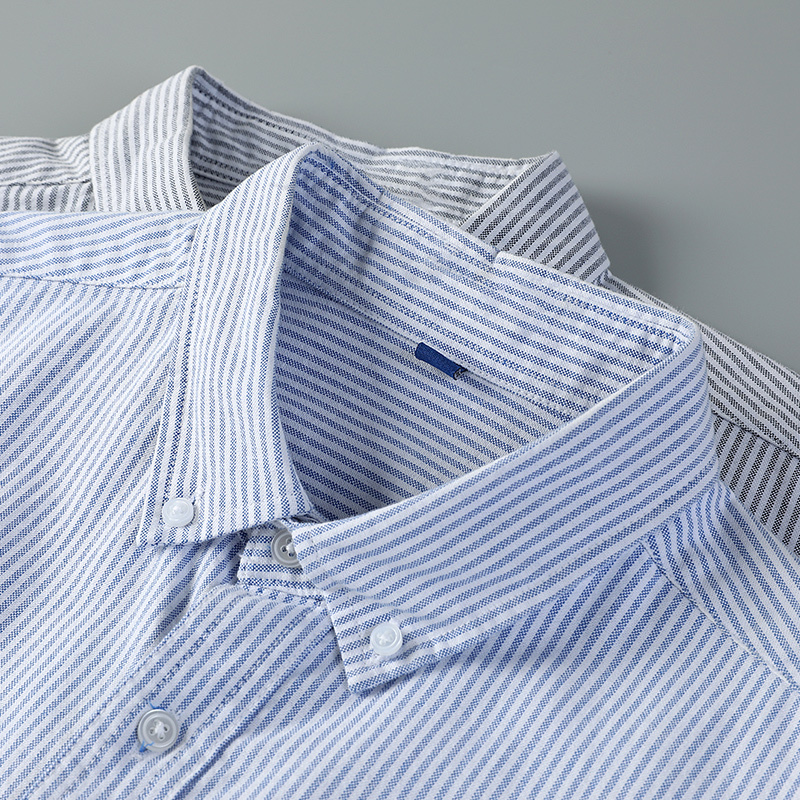 Men's High-End Pure Cotton Long-Sleeved Striped Shirt for Spring and Autumn, Casual Blue Short-Sleeved Jacket Shirt