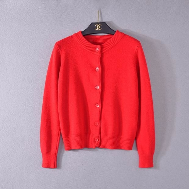 Phiên bản hàn quốc mùa xuân áo len cardigan mới dài tay cổ tròn dày tự trồng áo len màu rắn hoang dã áo khoác ngắn nữ áo khoác len cardigan nữ