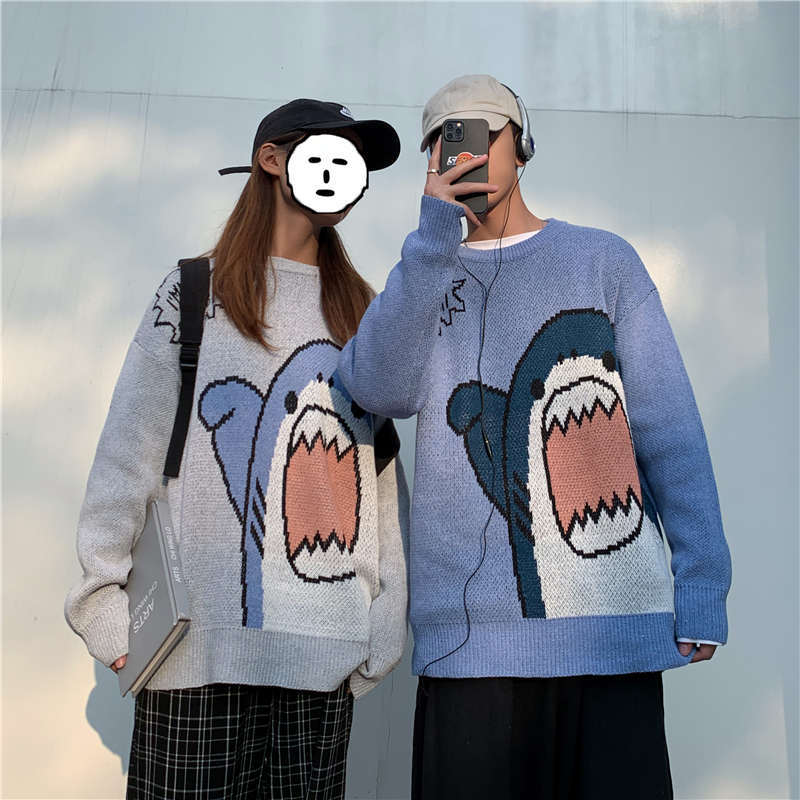 Couple's Clothing Autumn and Winter 2020 New Cute Cartoon Shark Sweater Men's Korean Style Loose Lazy Style Outerwear Knitwear