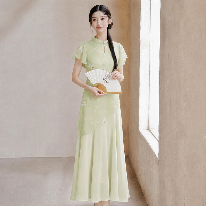 Lined 2026 Summer New Chinese-Style Retro Stand-Up Collar Dress for Women, Light Green Short-Sleeved Slim Long Dress D9769 Lined 2026 Summer New Chinese-Style Retro Stand-Up Collar Dress for Women, Light Green Short-Sleeved Slim Long Dress D9769