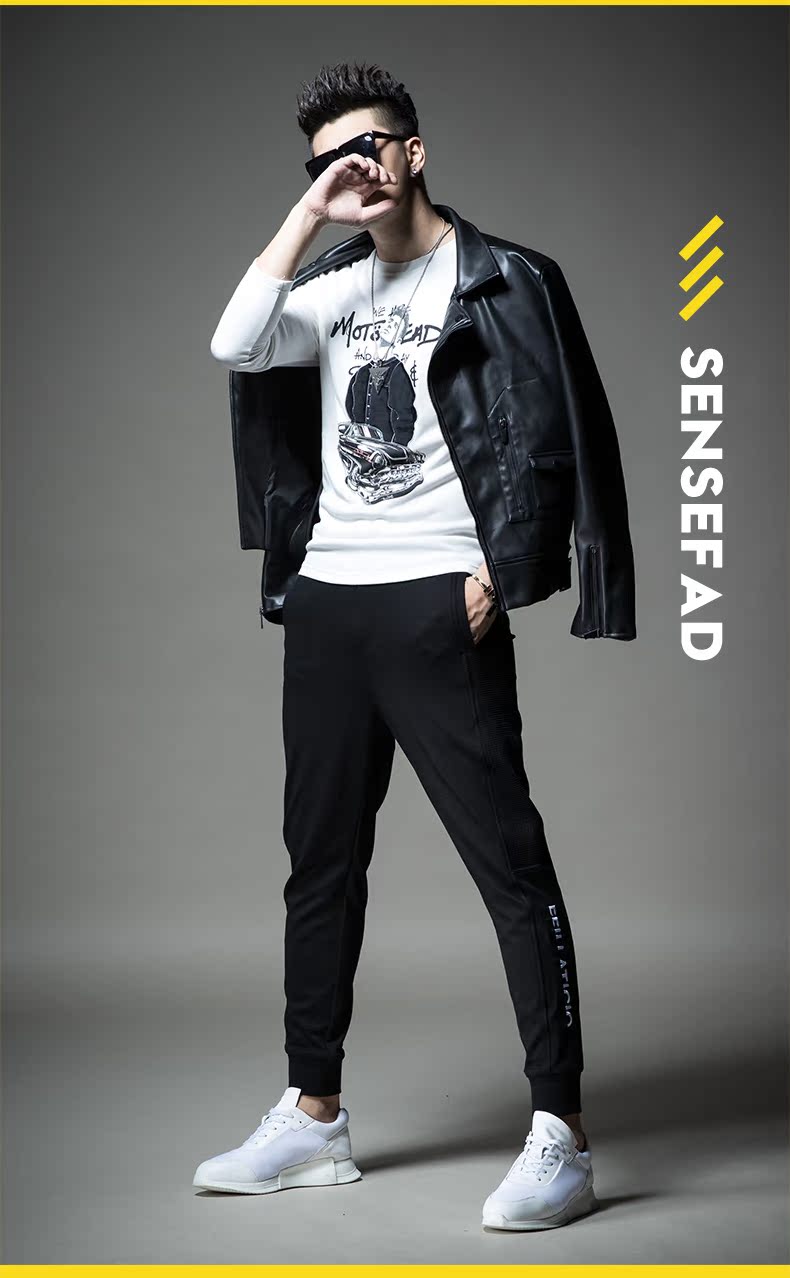 SXF Saint Shifan da nam 2018 mới Quần áo đầu máy Lapel Slim in áo khoác da PU áo khoác nam thủy triều áo khoác bomber