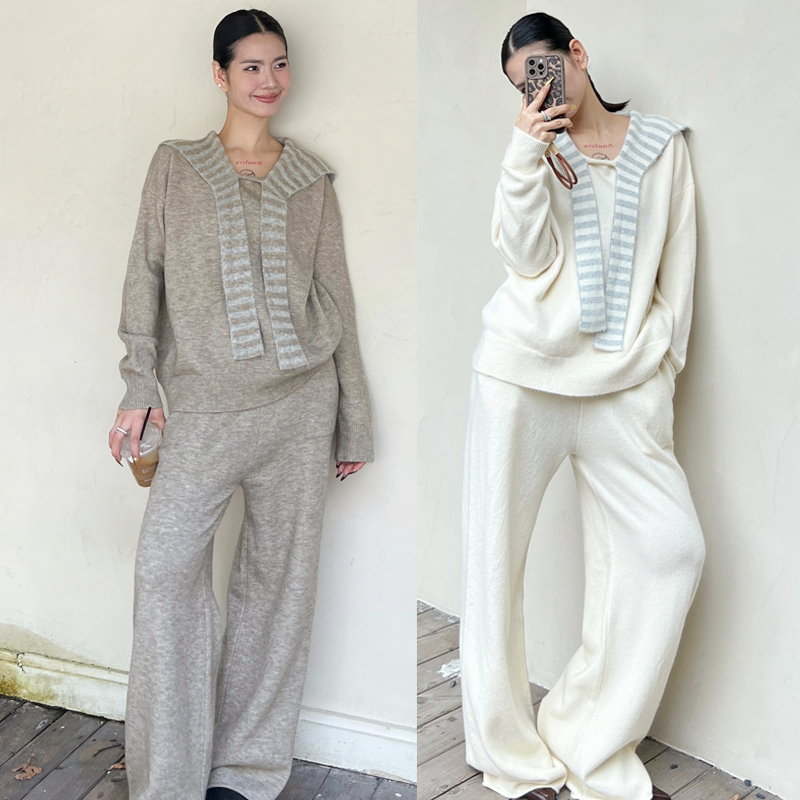 European Goods 2026 Autumn and Winter New Cashmere Knit Suit for Women, Sailor Collar Loose Sweater, Wide-Leg Pants, Casual Two-Piece Set