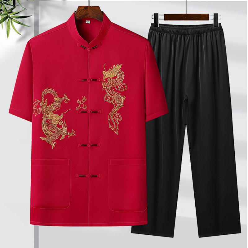 2026 New Tang Suit Men's Short-Sleeved Suit Chinese Style Ice Silk Hanfu Chinese-Style Embroidery Morning Exercise Martial Arts Performance Clothing