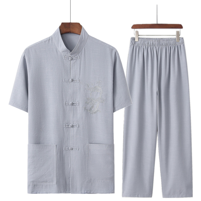 Summer grandpa Tang váy nam ngắn tay vải cotton phù hợp với tuổi trung niên mùa hè váy 70 người già 80 bộ quần áo mùa hè lanh han quần áo