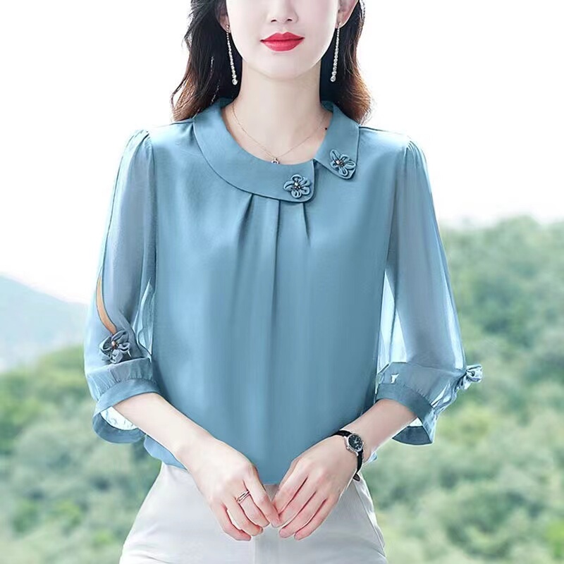 Silk Fashion Mulberry Silk Elegant Doll Collar Lantern Sleeve Blouse Women's Three-Quarter Sleeve Age-Reducing Top