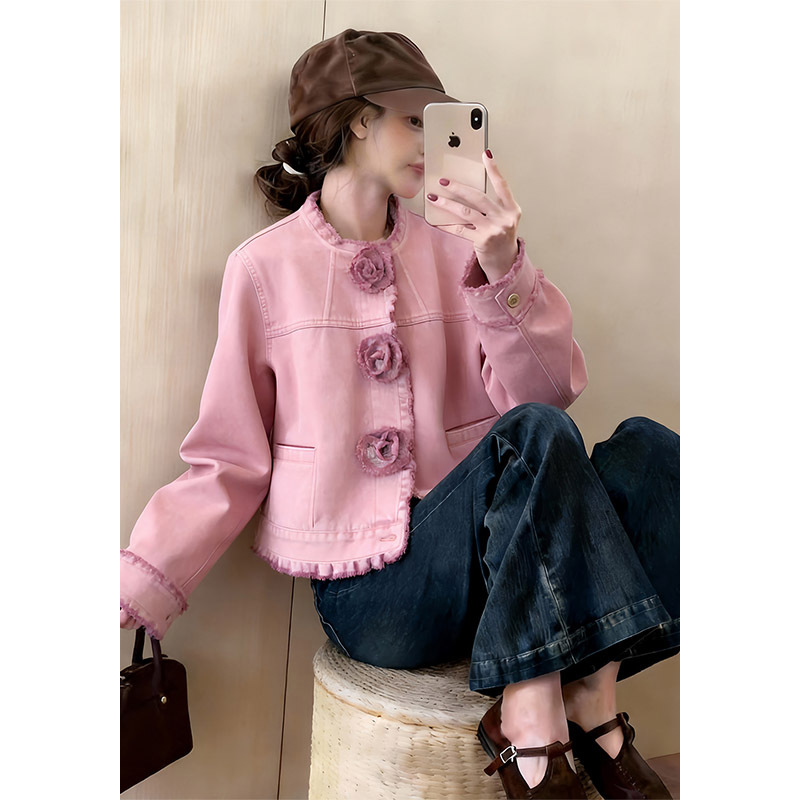 Pink Three-Dimensional Floral Denim Jacket for Women, Casual Style, Everyday Wear, Early Spring 2026, Short Unique and Beautiful Top