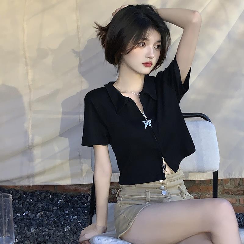 Design-Inspired Zip-Up Short-Sleeve T-Shirt, 2026 Summer New Style, Plus-Size Slimming Crop Top for Women