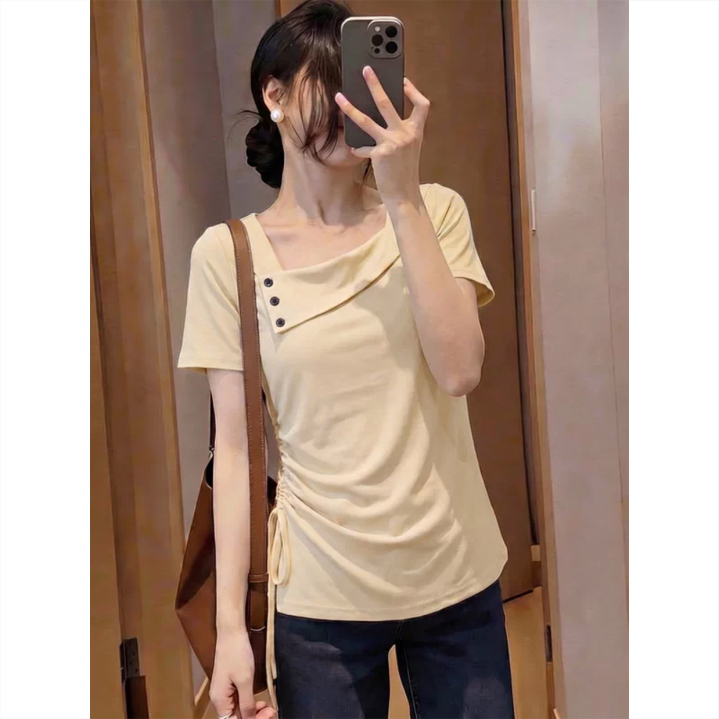 设计感正肩短袖T恤女2026夏季大码微胖mm不规则抽绳别致绝美上衣