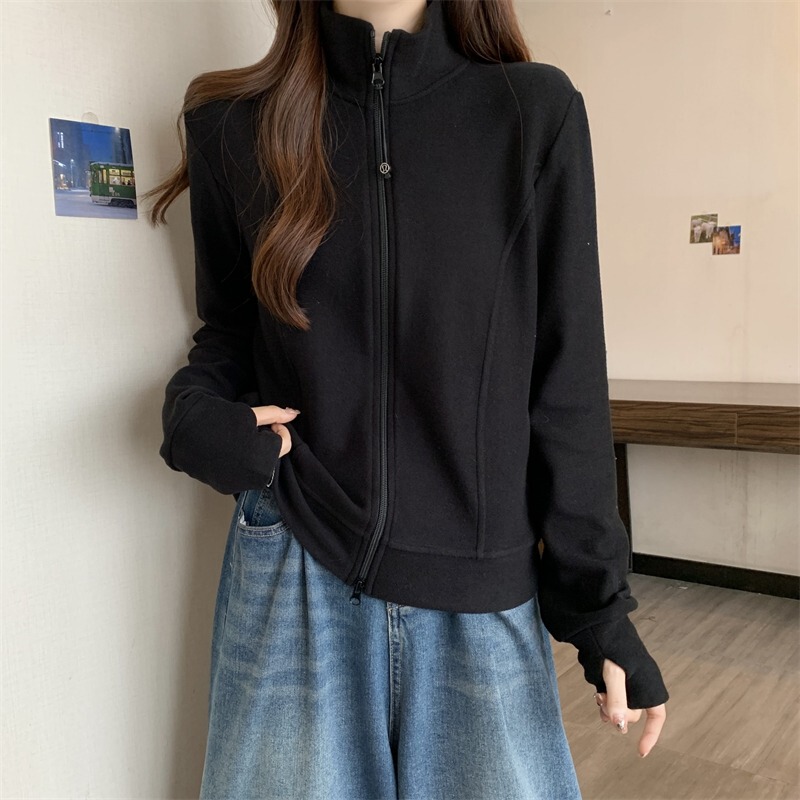 Stylish Black Stand-Collar Sweatshirt with Regular Shoulders, 2026 Spring Collection, Plus-Size for Curvy Women, Tummy-Concealing, Double-Zip Cardigan, Long-Sleeve Top
