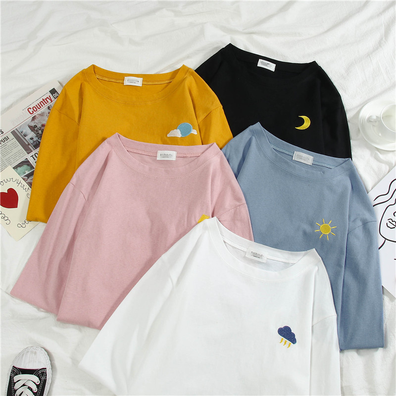VK旗艦店 韓系寬鬆圖案刺繡防曬衫百搭T恤套頭長袖上衣