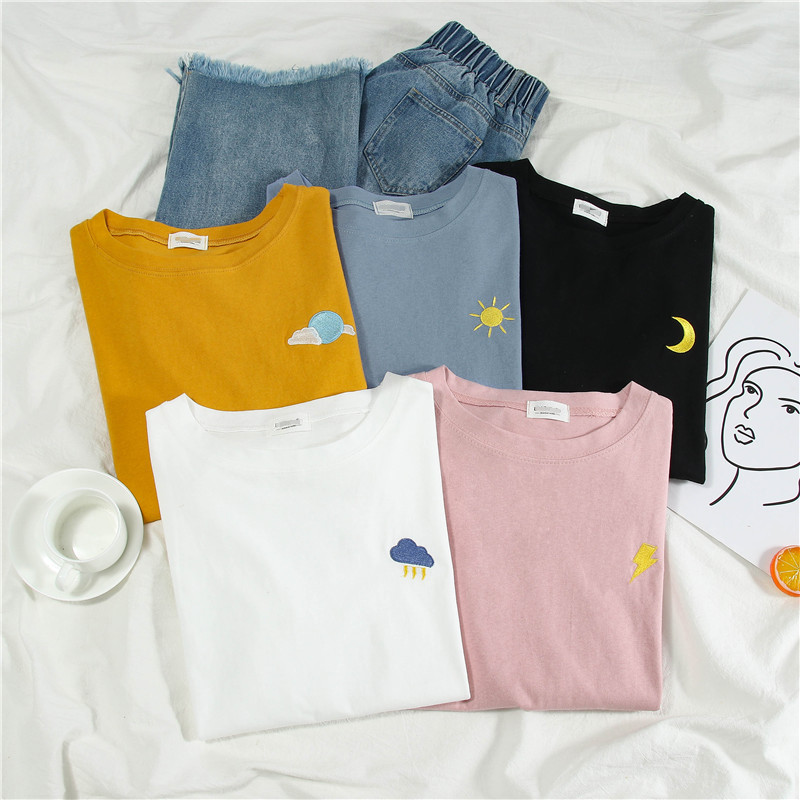 VK旗艦店 韓系寬鬆圖案刺繡防曬衫百搭T恤套頭長袖上衣