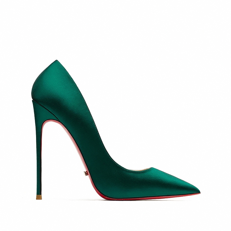 French-Style Satin Dark Green High Heels for Women with Red Soles and Ultra-Thin Heels 12cm Dressy Pointed-Toe Shoes 10cm