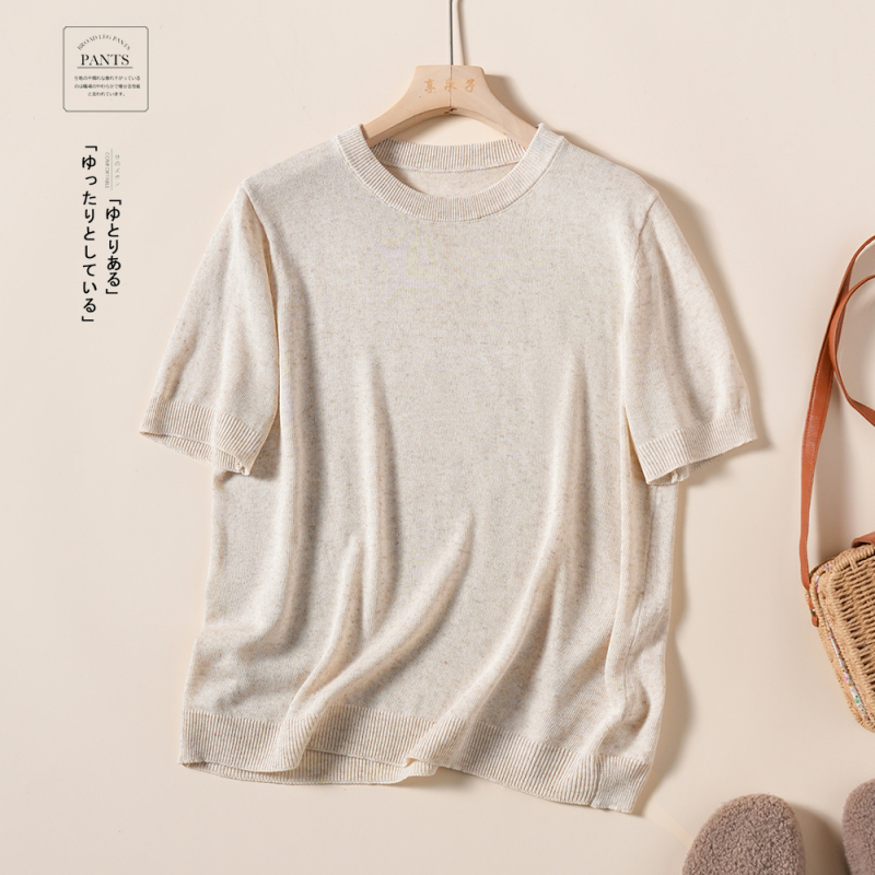 Xiang Yongzi [Brings a Cool Feeling] 95% Hemp Short-Sleeve Round Neck Knitted T-Shirt Top, Artistic Retro Sunshade Shirt