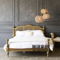 French retro solid wood double bed French solid wood carved rattan bed European solid wood bed Retro old rattan bed