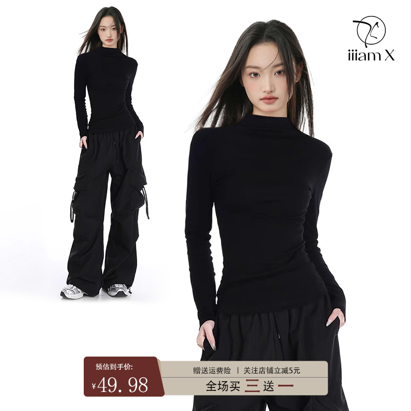 黒ハーフタートルネック長袖 Tシャツ女性の春秋秋冬ボトリングシャツスリムフィットコットンミッドカラートップ 2024 冬