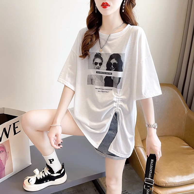 Korean Style Drawstring Slit Short-Sleeve T-Shirt for Women, Summer 2026, Loose and Trendy, ins Design, Irregular Pure Cotton Top