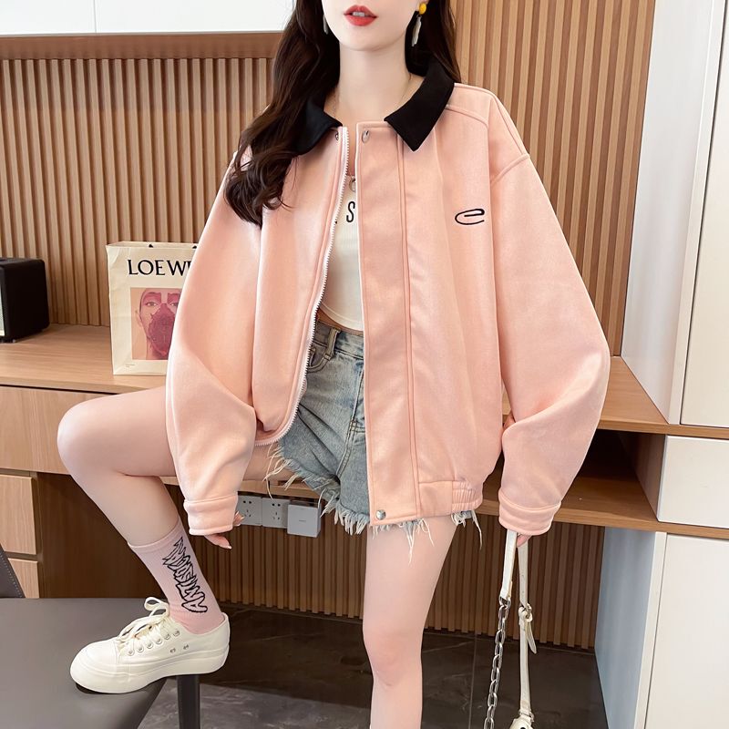 Pink Baseball Jacket for Women, Spring and Autumn 2025 New Style, American Retro Loose Faux Suede Lapel Flight Jacket Pink Baseball Jacket for Women, Spring and Autumn 2025 New Style, American Retro Loose Faux Suede Lapel Flight Jacket