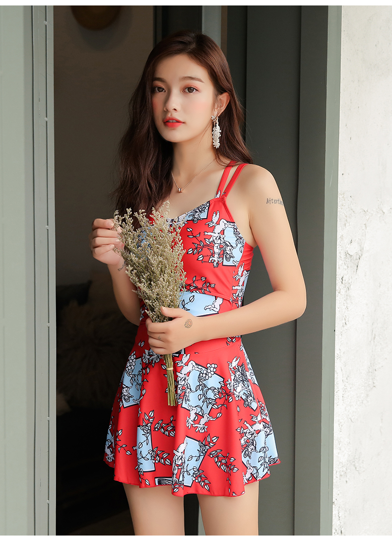 Áo tắm nữ bảo thủ che bụng thon gọn tụ tập backless gợi cảm kiểu váy một mảnh màu đỏ sinh viên Hàn Quốc bong bóng nóng bỏng - Bộ đồ bơi One Piece áo bơi liền thân
