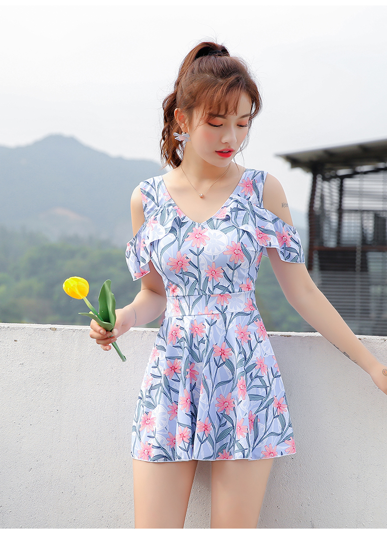 Áo tắm nữ bảo thủ kiểu váy liền thân bụng phẳng góc cỡ lớn ngực nhỏ tụ tập thon thả học sinh Hàn Quốc - Bộ đồ bơi One Piece áo bơi liền thân dài tay