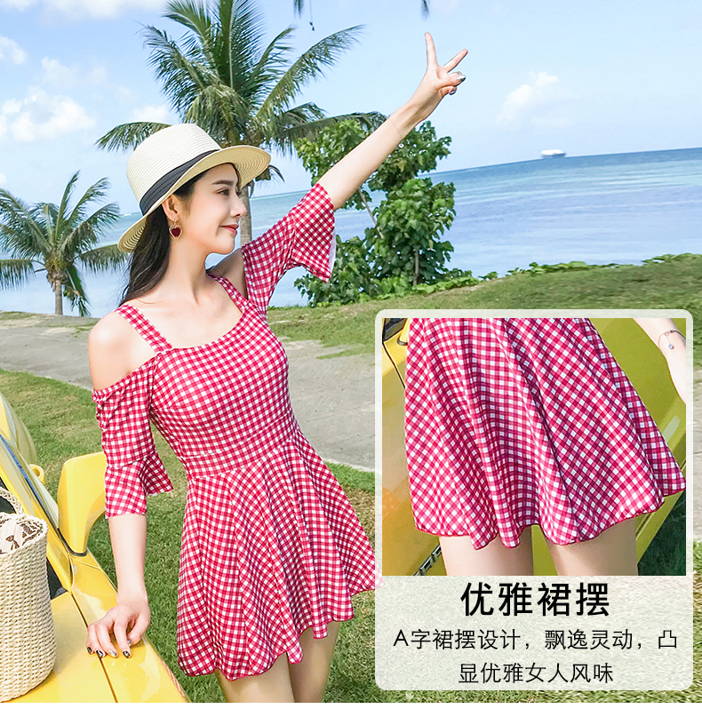 Áo tắm nữ bảo thủ Xiêm tươi đỏ kẻ sọc xù tay áo Slim thon gọn đi biển đi biển đồ bơi cho học sinh - Bộ đồ bơi One Piece áo bơi liền thân cho bé gái