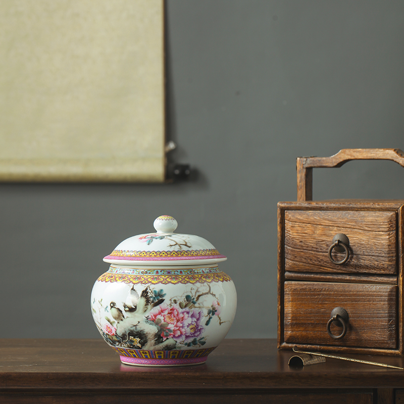 Jingdezhen porcelain famille rose tea pot seal moisture puer tea storage jar small snack jars with cover