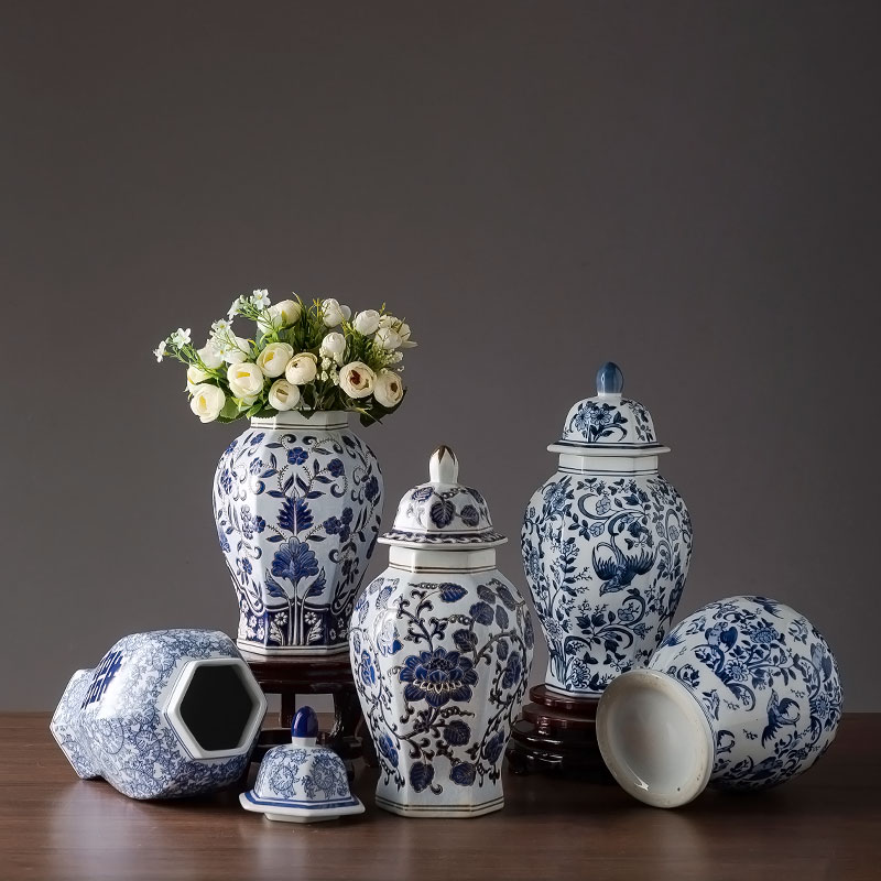 Hexagon dry flower vase of blue and white porcelain jingdezhen porcelain Chinese TV ark, decoration home decoration handicraft furnishing articles