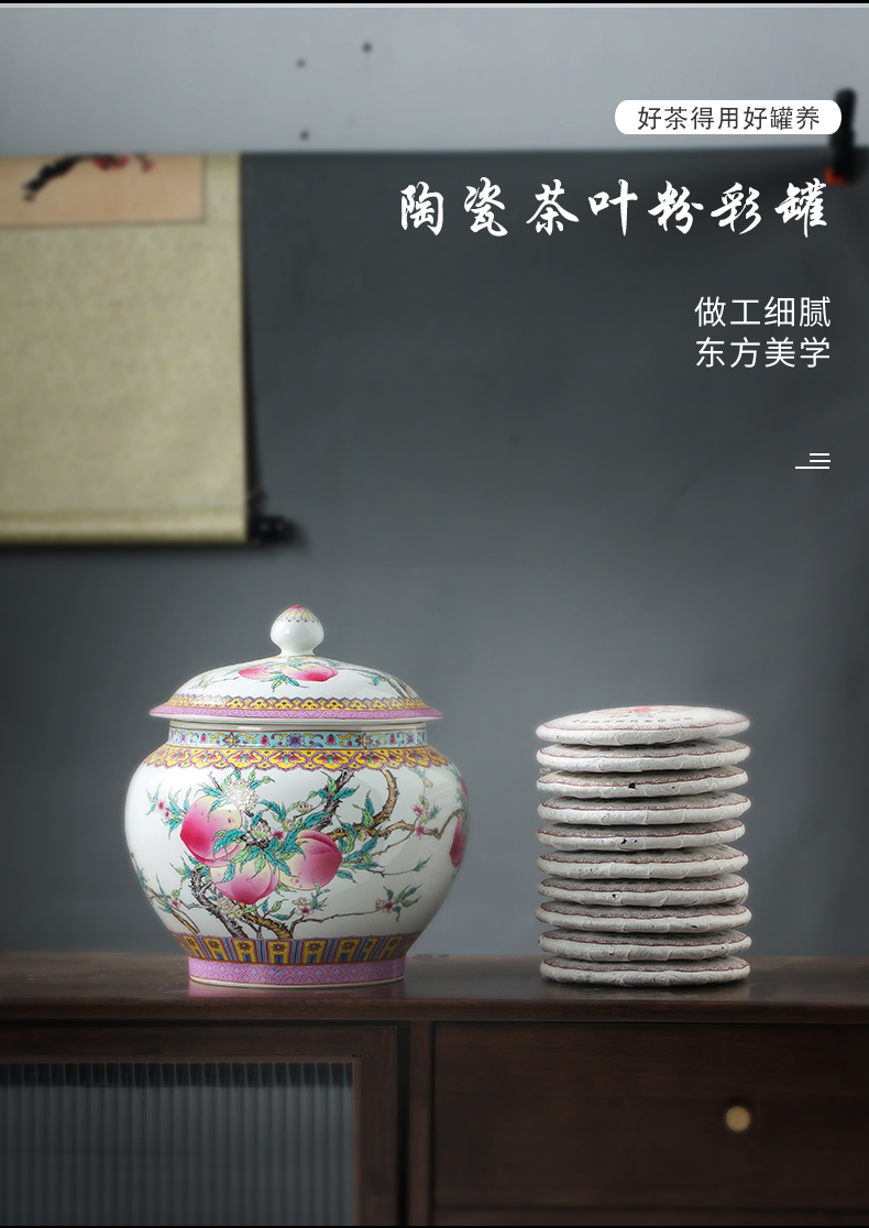 Archaize of jingdezhen ceramics powder enamel tea pot with cover large seal moisture puer tea cake storage jar