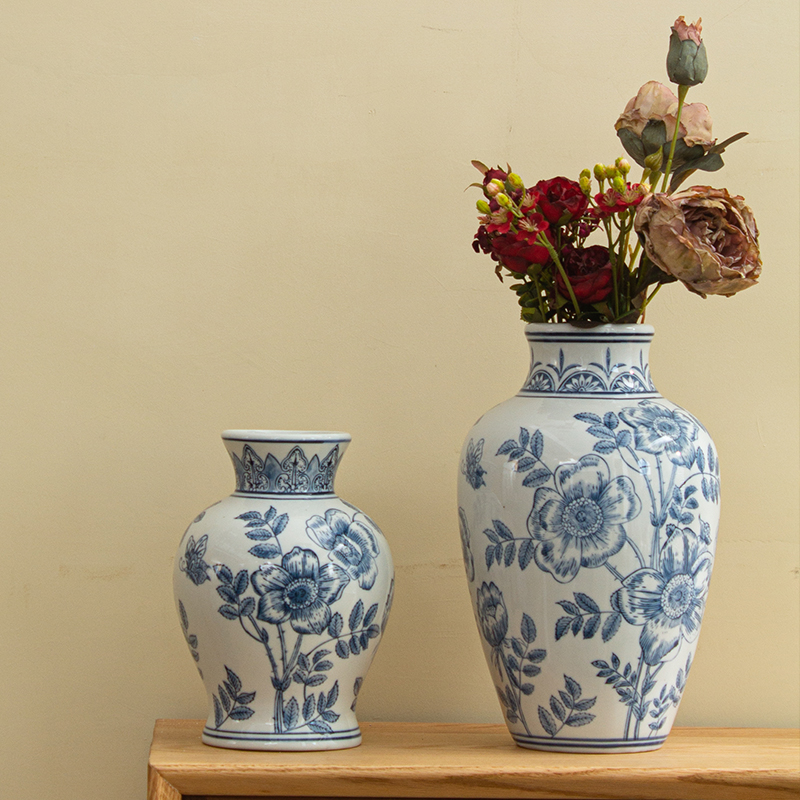 Hand Painted Green Blossom Porcelain Rose Bottle Chinese Ceramic Vase Villa living room TV Ceramic Vase Ornament Pendulum-Taobao