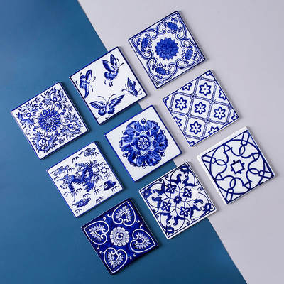Tea coasters, ceramic plate MATS, blue and white Chinese-style retro coffee coasters, square heat insulation MATS, tea ceremony spare parts