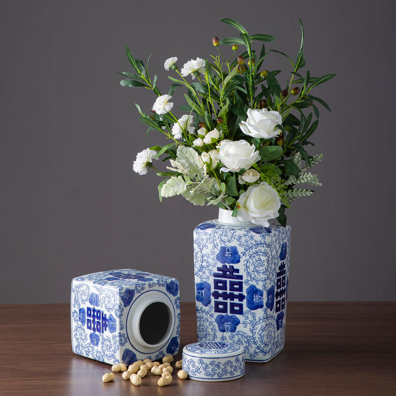 Blue and white porcelain jar of new Chinese style happy character jar jar home sitting room living room TV cabinet wine cabinet decoration ceramics furnishing articles
