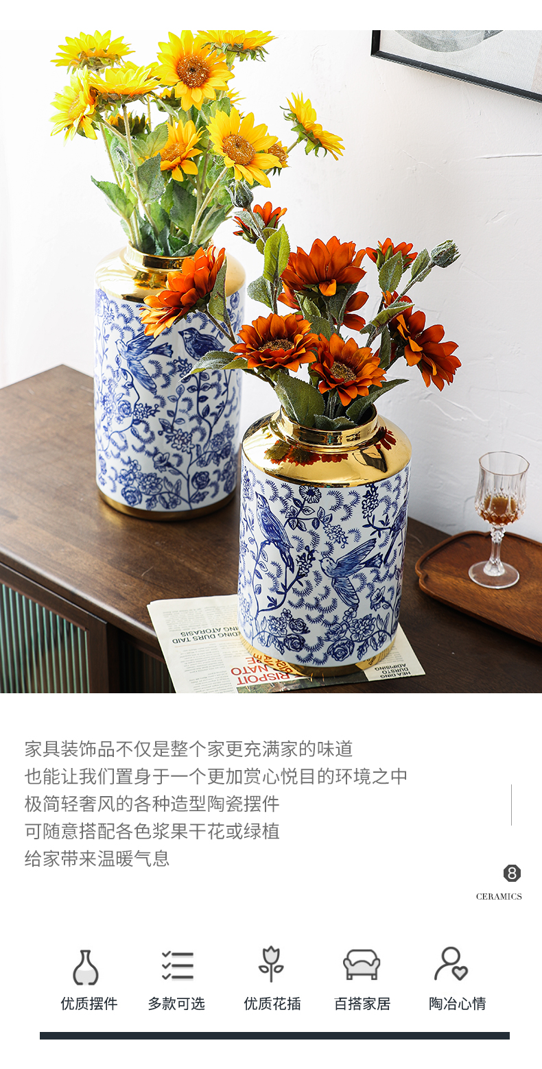 Light wind key-2 luxury gold - plated vase of blue and white porcelain ceramic vases, ceramic vase furnishing articles example room sitting room ceramic vase