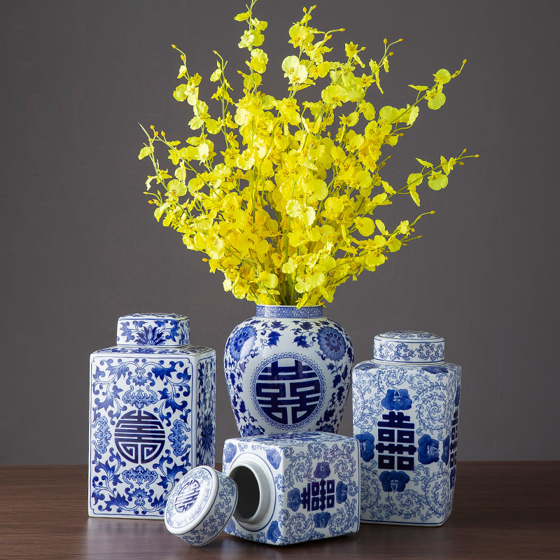 Blue and white porcelain jar of new Chinese style happy character jar jar home sitting room living room TV cabinet wine cabinet decoration ceramics furnishing articles