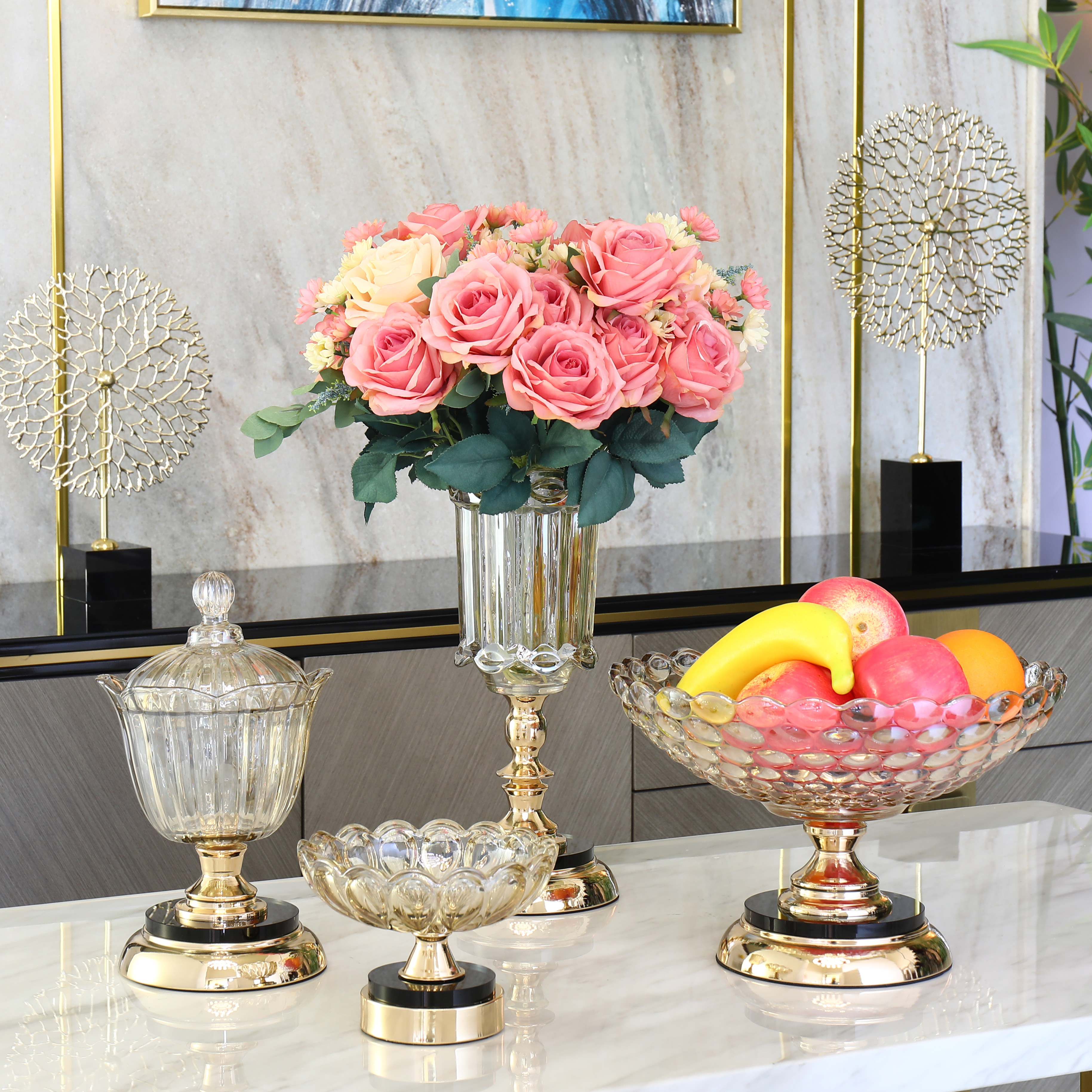 Eurostyle tea table fruit pan American living room dining room table vase Zero food tray home Joe moving glass decorated sugar jar suit