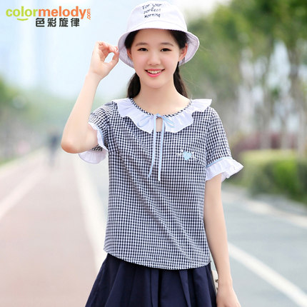 中学生夏装女 韩版学院风格子衬衫娃娃领夏季