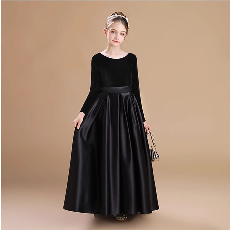 Girls' Black Long-Sleeved Velvet Large Children's Dress for Orchestra Choir Spring School Performance Princess Dress Stage