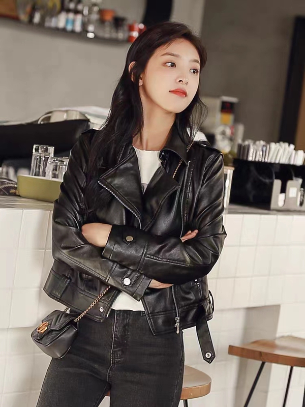 Haining Black Leather Jacket for Women 2025 Autumn New Korean Style Biker Jacket Slim Short Women's Top Plus Size
