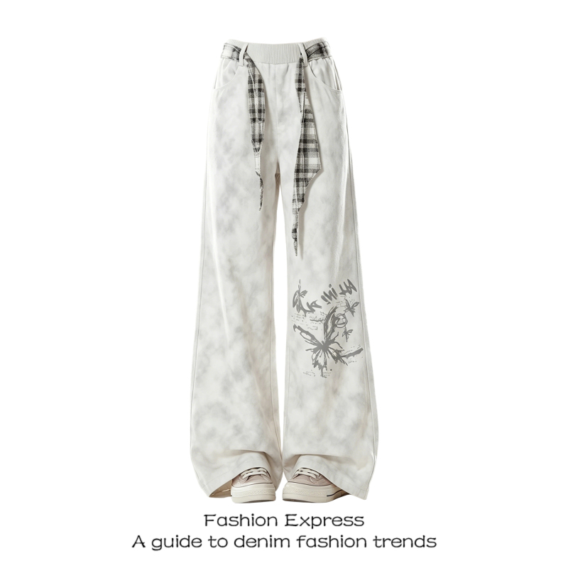 Gray American-Style Drapey Casual Pants for Women, 2026 Autumn New High-Waisted Tie-Dye Butterfly Print Design Wide-Leg Pants Trendy
